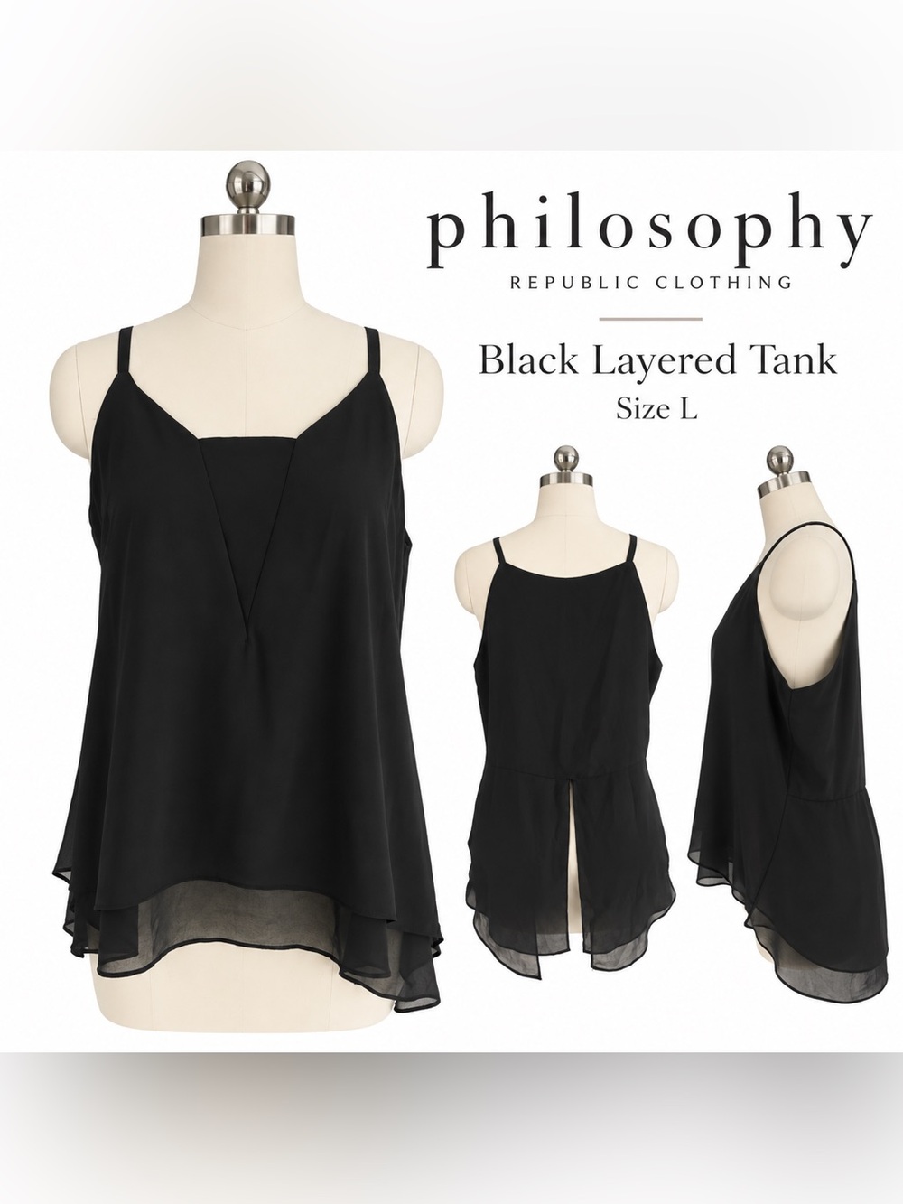 Philosophy Republic Clothing Black Layered Chiffon Tank Top Size L